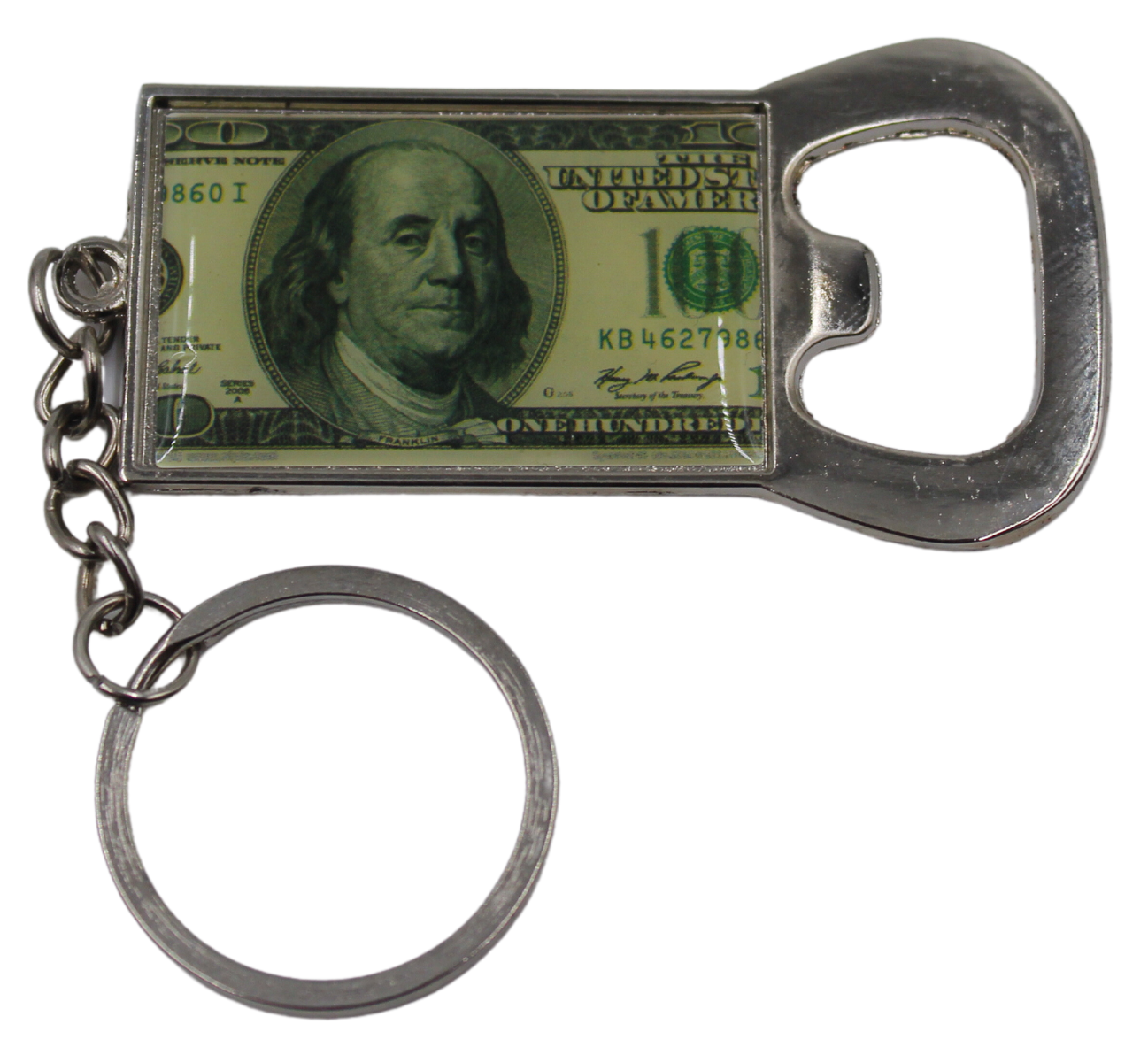 $100 Dollar Bill Benjamin Franklin Bottle Beer Opener Metal Ring Keychain
